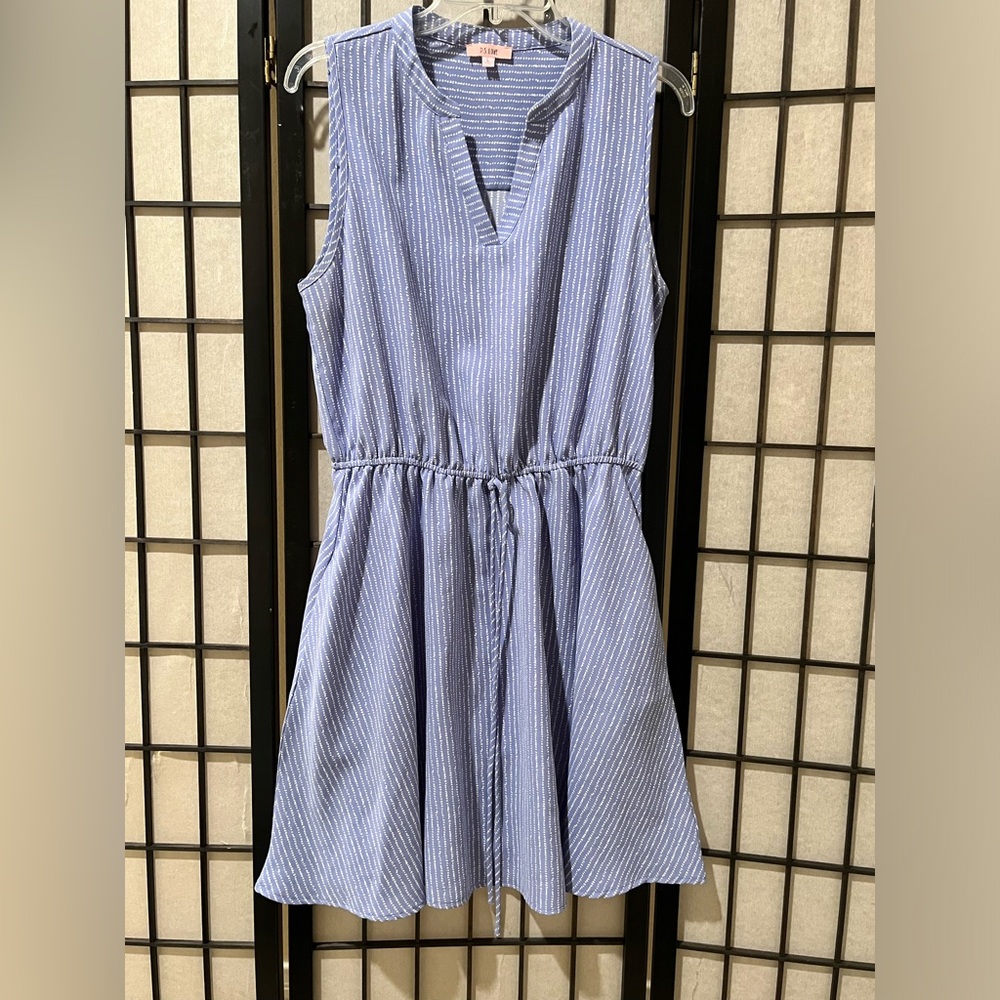 P. S. LOVE Sleeveless Light Blue Striped ELASTIC Waist MINI Dress SIZE L